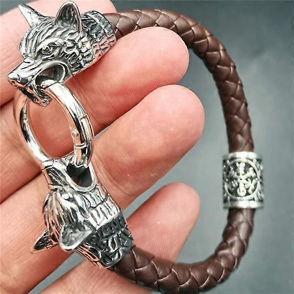 Viking Rune Perle Ulvehoved Armbånd Rustfrit Stål Læderarmbånd brown style 1