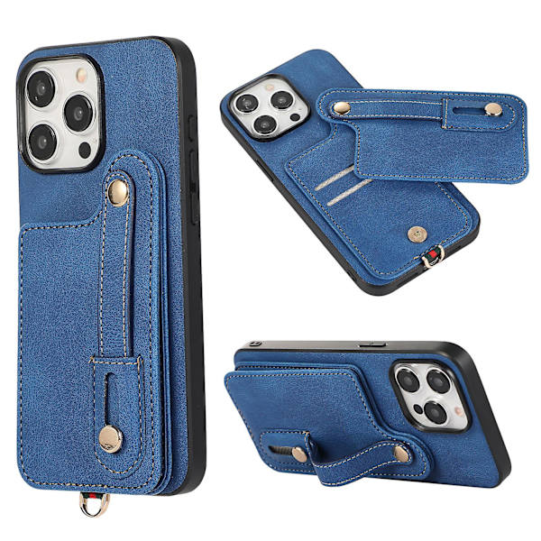Fodral för Iphone 14 Pro Max med stativ och kortfack i TPU+läder Blue