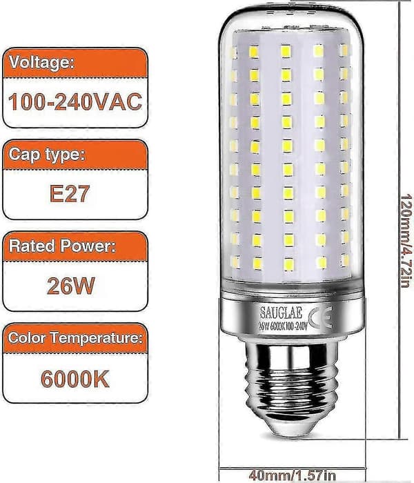 26W LED-lampor, motsvarar 200W glödlampa, 3000lm, 6000K kallvitt, E27 Edison skruvlampor, 3-pack [energiklass E]
