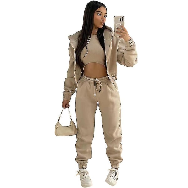 Women's 3 Piece Padded Hooded Sweatshirt Sports Casual Outfit Tracksuit Set Khaki XL