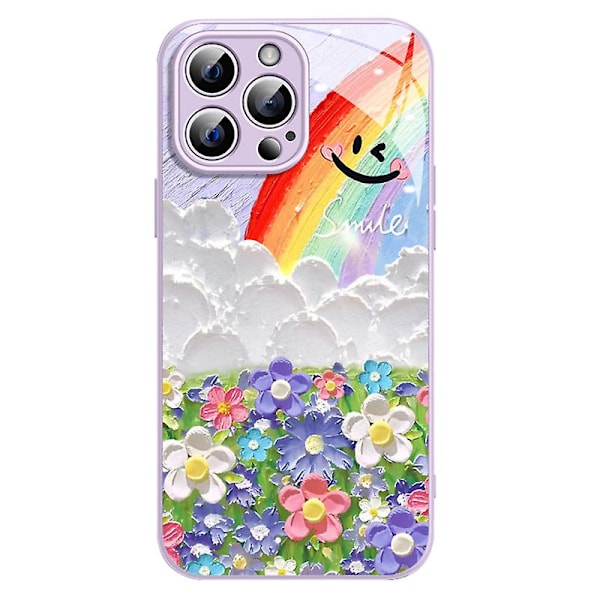 For iPhone 12 Pro Max Herdet Glass Etui TPU Kant Telefondeksel Smil Regnbue Blomstermønster Purple