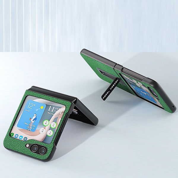 För Samsung Galaxy Z Flip5 5g Kickstand Telefonfodral Äkta Kohudläder+pc Litchi Textur Fodral Green