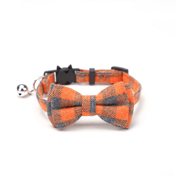 Brittisk rutig krage för husdjur med klocka och säkerhetsspänne - orange med rosett orange with bow