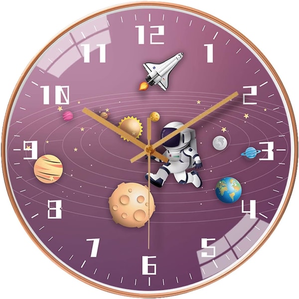 12-inch Silent Sports Children's Wall Clock, Non-tick Children's Round Wall Clock Battery Operation Space Travel Style