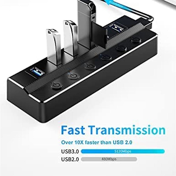 6-port USB 3.0 -keskitin, USB-jakaja kannettavalle tietokoneelle, yksittäisillä kytkimillä ja valolla, 3ft kaapeli, US