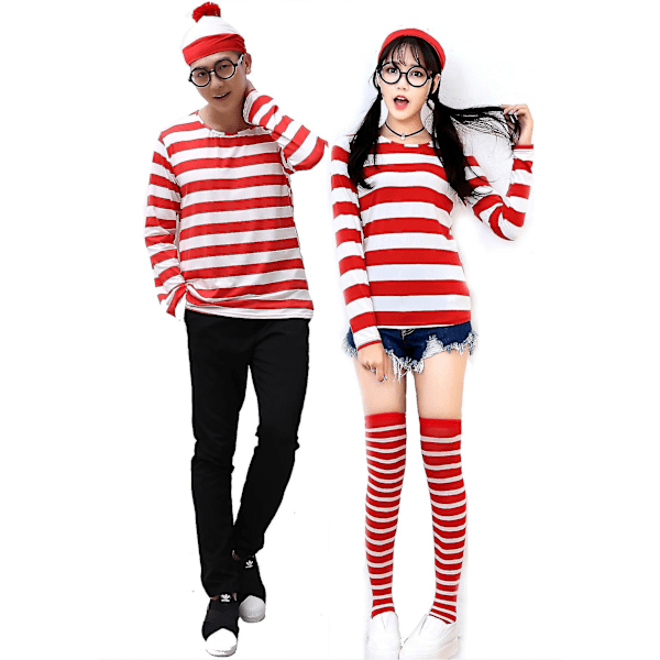 Hvor er Waldo Nu Rød og Hvid Stribet Cosplay Kostume Voksen Mænd T-shirt Trøje + Hat + Briller Til Jul Halloween Fest Dragt Kid Xxl