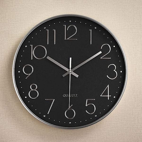 Hiljainen seinäkello, seinäkello, kvartsikello, kolmiulotteinen digitaalinen asteikko, seinäkello, kello, 12 tuumaa, 30CM Black silver