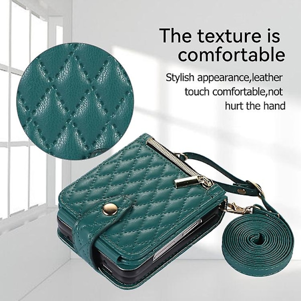 Crossbody-etui i læder med diamantgitter til Samsung Galaxy Z Flip5 Dark Green