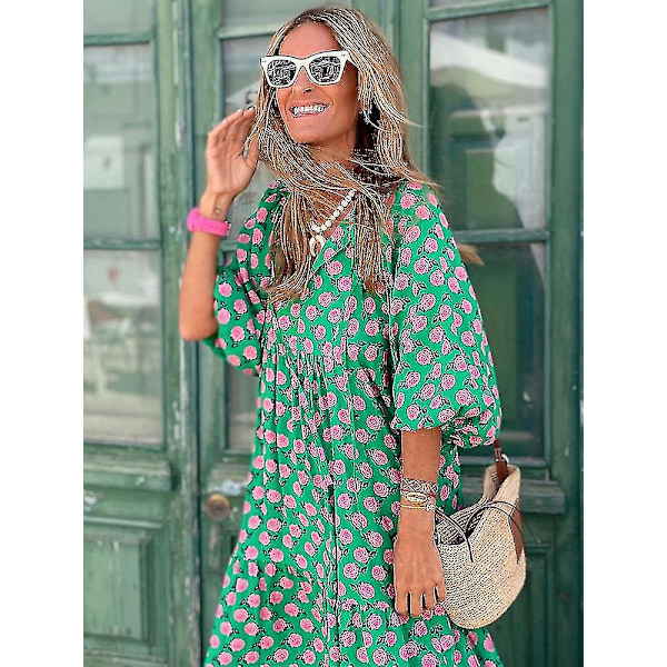 Sommar Klänning med Puffärmar Lång Kvinna Lös Boho Blommig Klänning Mode Semester Strand Vintage Klänning Elegant Geometrisk Tryck Vestido Red M