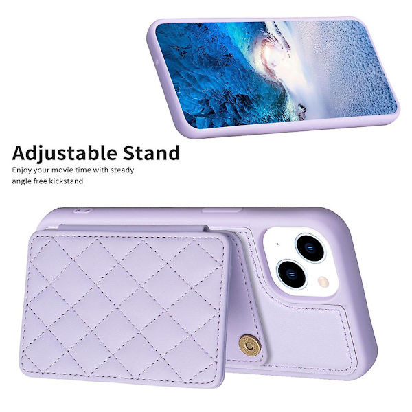 Bf25 för iPhone 14 Plus korthållare stativ telefonfodral kollisionstålig läderbelagd Tpu-skydd Purple