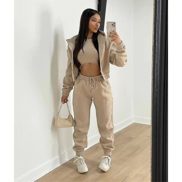 Women's 3 Piece Padded Hooded Sweatshirt Sports Casual Outfit Tracksuit Set Khaki S