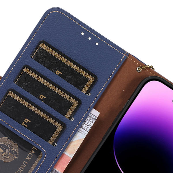 Plånboksfodral i läder med RFID-blockering för iPhone 15 Sapphire