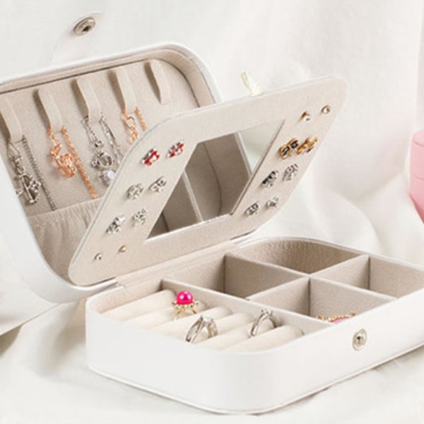 Rejse Smykkeæske, Bærbar Smykkeæske Med Spejl, Smykkeæske Til Halskæder, Armbånd, Ringe, Øreringe White