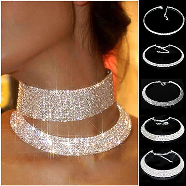 Mote Elegant Rhinestone Dame Halskjede Kjede for Bryllup Bursdag Smykker 5 Row Crystal