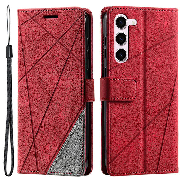 Samsung Galaxy S23 -kotelo, painetut viivat, nahkainen suojus lompakkotelineellä Red