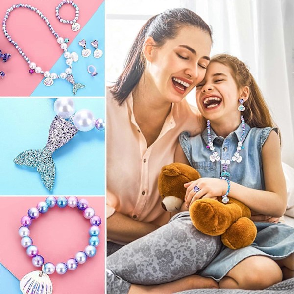 Smyckesset för flickor med sjöjungfrutema, Sjöjungfrun Prinsessans Smyckesleksaker Sjöjungfru-Svans Halsband Skal Armband Ring Örhängen