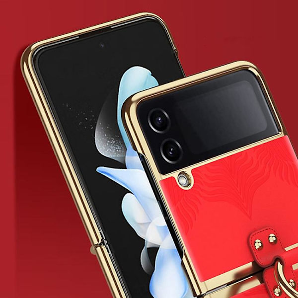 Elektropläterat Präglat Läder Mobilskal med Ring för Samsung Galaxy Z Flip4 Gold