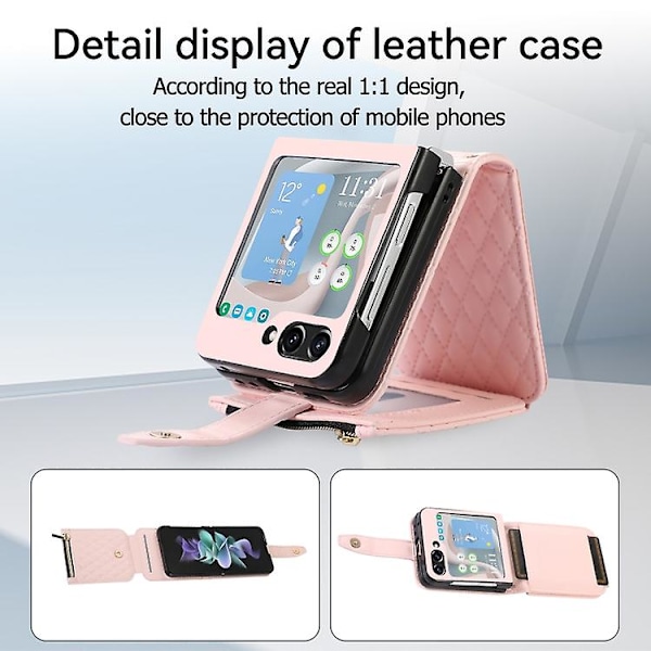 Crossbody-fodral i läder med diamantmönster för Samsung Galaxy Z Flip5 Pink