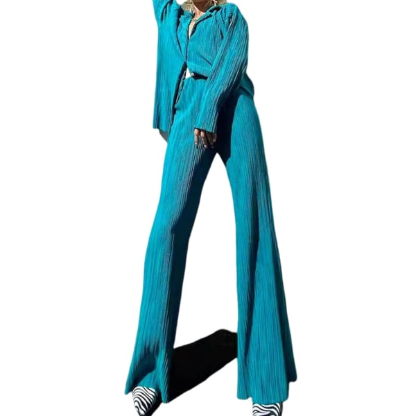 Kvinders Casual Outfits Sæt Højtaljede plisserede bukser Sæt til Go Shopping Wear Peacock Blue M
