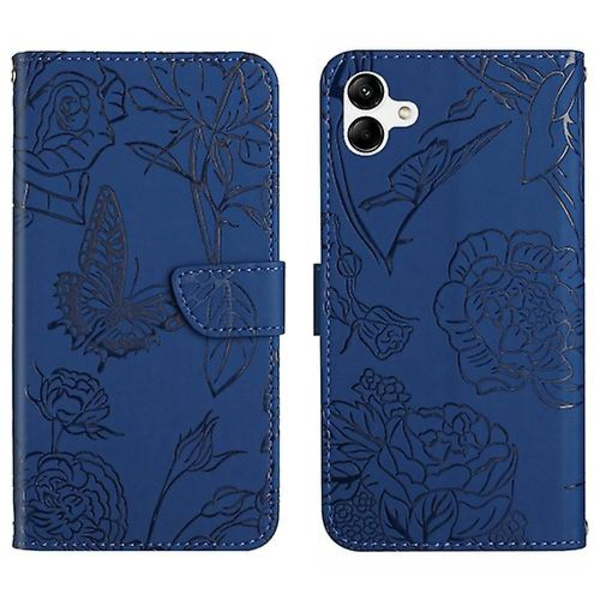 For Samsung Galaxy A05 Skin Feel Butterfly Præget Flip Læder Mobiltelefon Etui Blue
