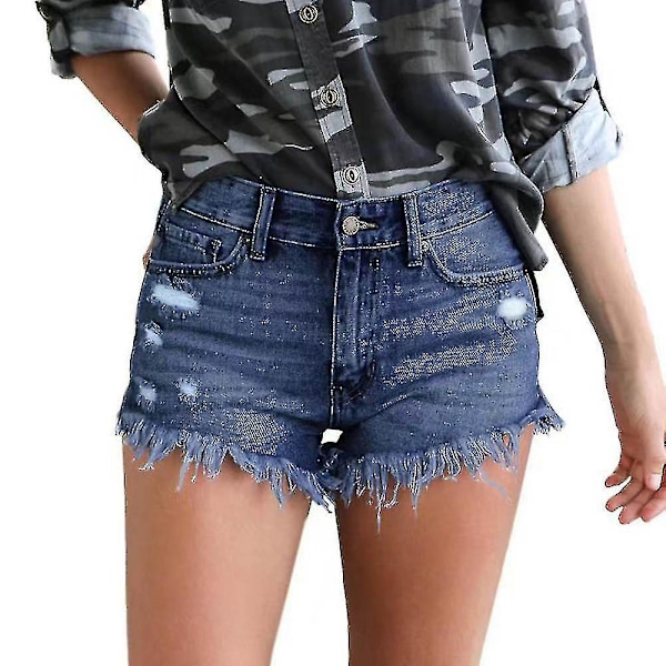 Dame Denim Shorts Mid Waist Ripped Raw Hem Jeans Shorts Til Sommer Black L