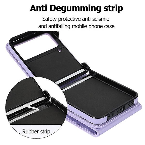Mobiltelefonskal för Samsung Galaxy Z Flip4 med Litchi-struktur, RFID-kortfack och ringhållare Purple