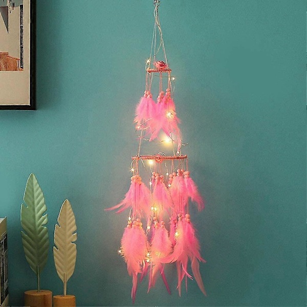 Ljuslykta Drömfångare Dekoration Varmvit Sovrumstillbehör med Varma LED-Strängljus Hängande Drömfångare Present till Jul Födelsedag (Rosa)