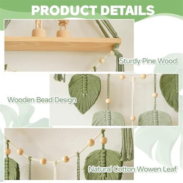 Macrame väggmonterad hylla - Boho växt hängande hyllor med handgjorda vävda blad, rustik trä S