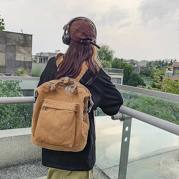 Rygsæk til kvinder Canvas Vintage Taske Casual Rejse Dagrygsæk, Kvinders Mode Rygsække Æstetiske Punge (Grøn) Brown