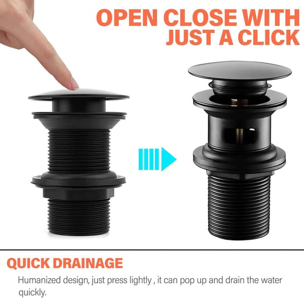 Sänkdrain med överlopp, Pop-up-ventil Sänkdrain, Svart Badrumssänkdrain, Universal Sänkdrain (Svart)