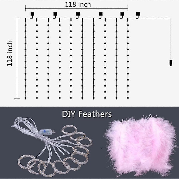 300 LED Rosa Fjærlys med 8 Lysmoduser Romantisk Fjernkontroll Veggdekorativ Gardin