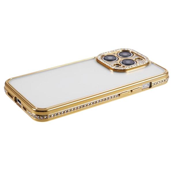 For iPhone 13 Pro Max deksel med rhinestones linseramme myk TPU telefondeksel Gold