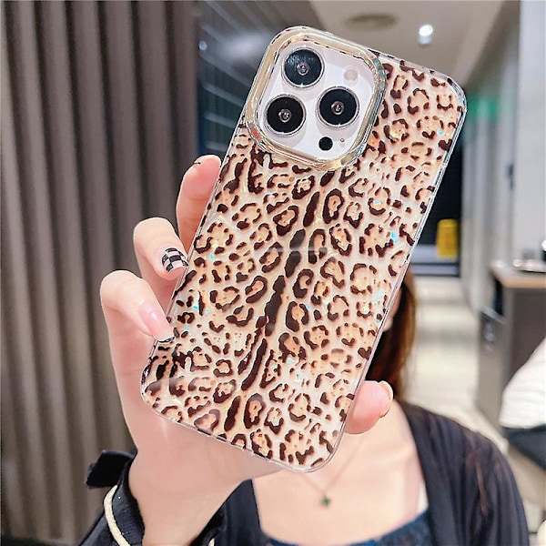 IMD-mönstrad PC+TPU-telefonfodral med elektropläterad linsram för iPhone 14 Pro Y3 Leopard