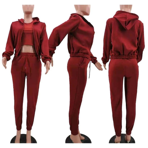 Women's 3 Piece Padded Hooded Sweatshirt Sports Casual Outfit Tracksuit Set Burgundy S