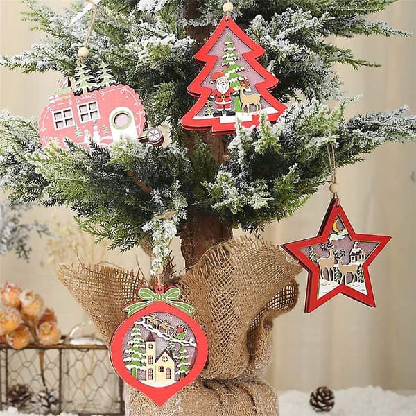 4 stykker julepynt i tre, DIY-trepynt, juletrpynt og festpynt med LED
