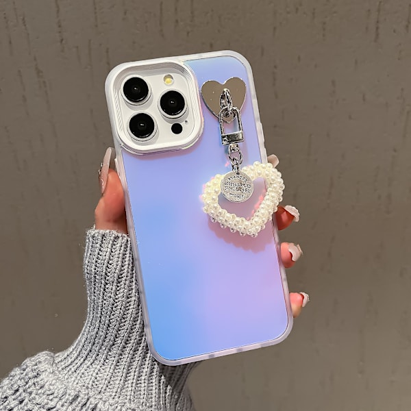 Laser-effekt PC+TPU-fodral med pärlhjärthänge, reptåligt, för iPhone 13 Pro Max 6,7 tum White