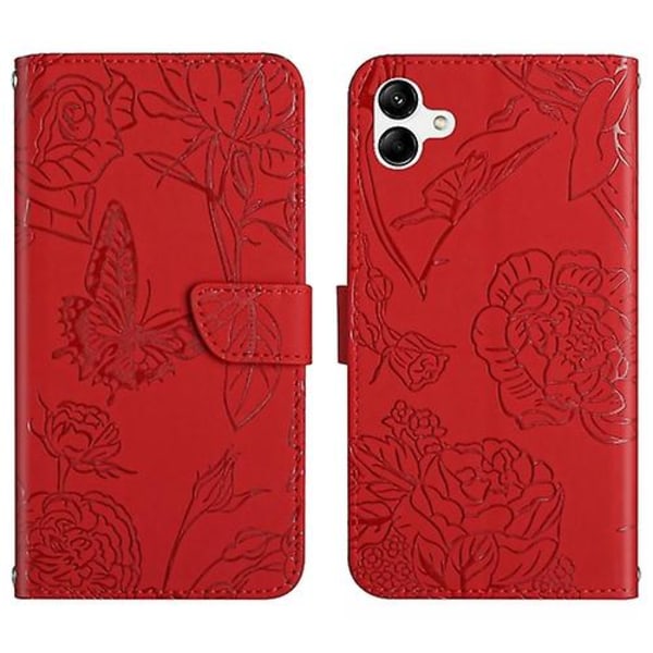 Skin Feel Butterfly Embossed Flip Leather Mobiltelefonveske for Samsung Galaxy A05 Red