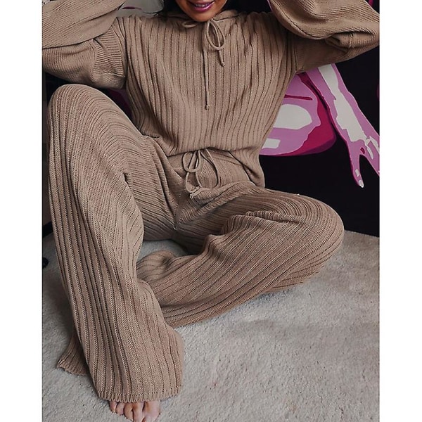 Women's 2-piece Set Casual Loose Long Sleeve Knit Top And Wide Leg Pants Casual Suit Sportswear CAFFEE S