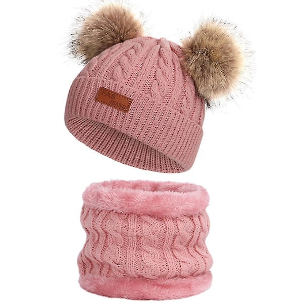 Toddler-hatt i vinterfärg med dubbla pompom-stickade mössor och halsduk i samma färg style 4