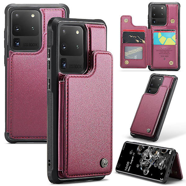 CASEME C22 Serie för Samsung Galaxy S20 Ultra Fodral Läder+TPU Telefonfodral med 5 Kortplatser Red