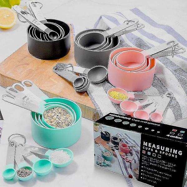 4-färgad rostfritt stål mätkopp 8-delad plast mätningssked mätningssked bakset kök gadget set mätningssked