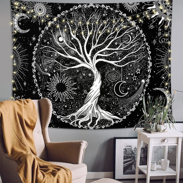 Mustavalkoinen Starry Tree Of Life Tapestry Esteettinen seinälle ripustettava kuvakudos kodin sisustus makuuhuoneeseen olohuoneeseen (elämän puu, M/130 x 150 cm)