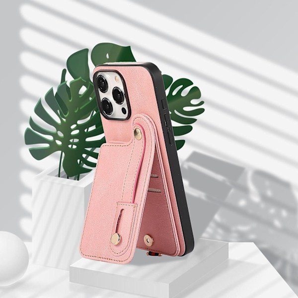 Fodral för Iphone 14 Pro Max med stativ och kortfack i TPU+läder Pink