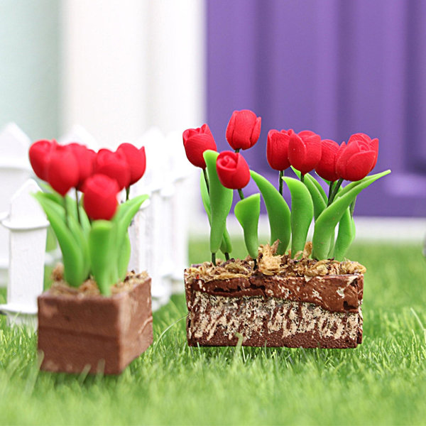 Miniature tulipan Realistisk gør-det-selv-harpiks Håndværk Højsimulering Tilbehør 1:12 Dukkehus Scene Ornament Rød Blomstermodel til skrivebord