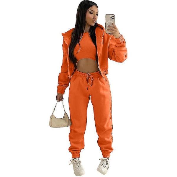 Women's 3 Piece Padded Hooded Sweatshirt Sports Casual Outfit Tracksuit Set Orange S