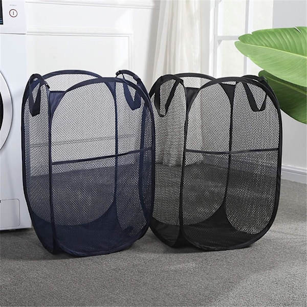 Sammenleggbar klesvaskurv frittstående polyester plassbesparende mesh vaskeromskurv husholdningsartikler Black B