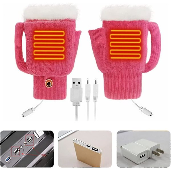 Dame- & Herre-USB-opvarmede Handsker Strikkede Håndfulde & Halvopvarmede Fingerløse Opvarmningsvarmere Med Knap Vaskbar Design_as pink