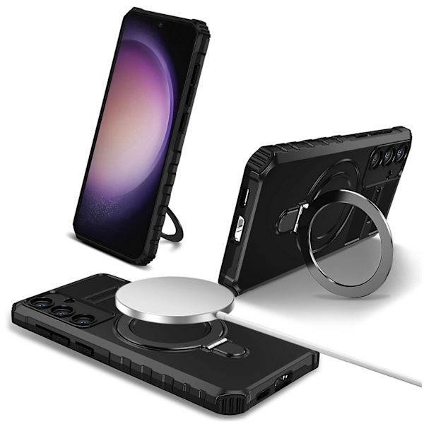 Støtsikkert deksel for Samsung Galaxy S24 PC+TPU Kickstand-telefondeksel Kompatibelt med MagSafe Black