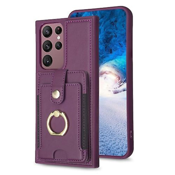 Mobiltelefonveske for Samsung Galaxy S22 Ultra 5g Bf27 Metallring Kortlommeholder Dark Purple
