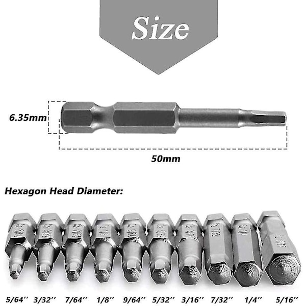 50 mm:n sisäkuusiokoloiset magneettiset ruuvinvääntimen kärjet, 1/4 tuuman kuusiokoloinen varsi, S2-terästä valmistettu kuusiokoloinen ruuvinvääntimen kärkien sarja - Sae Imperial 5/64-5/16 tuumaa (10 kpl)